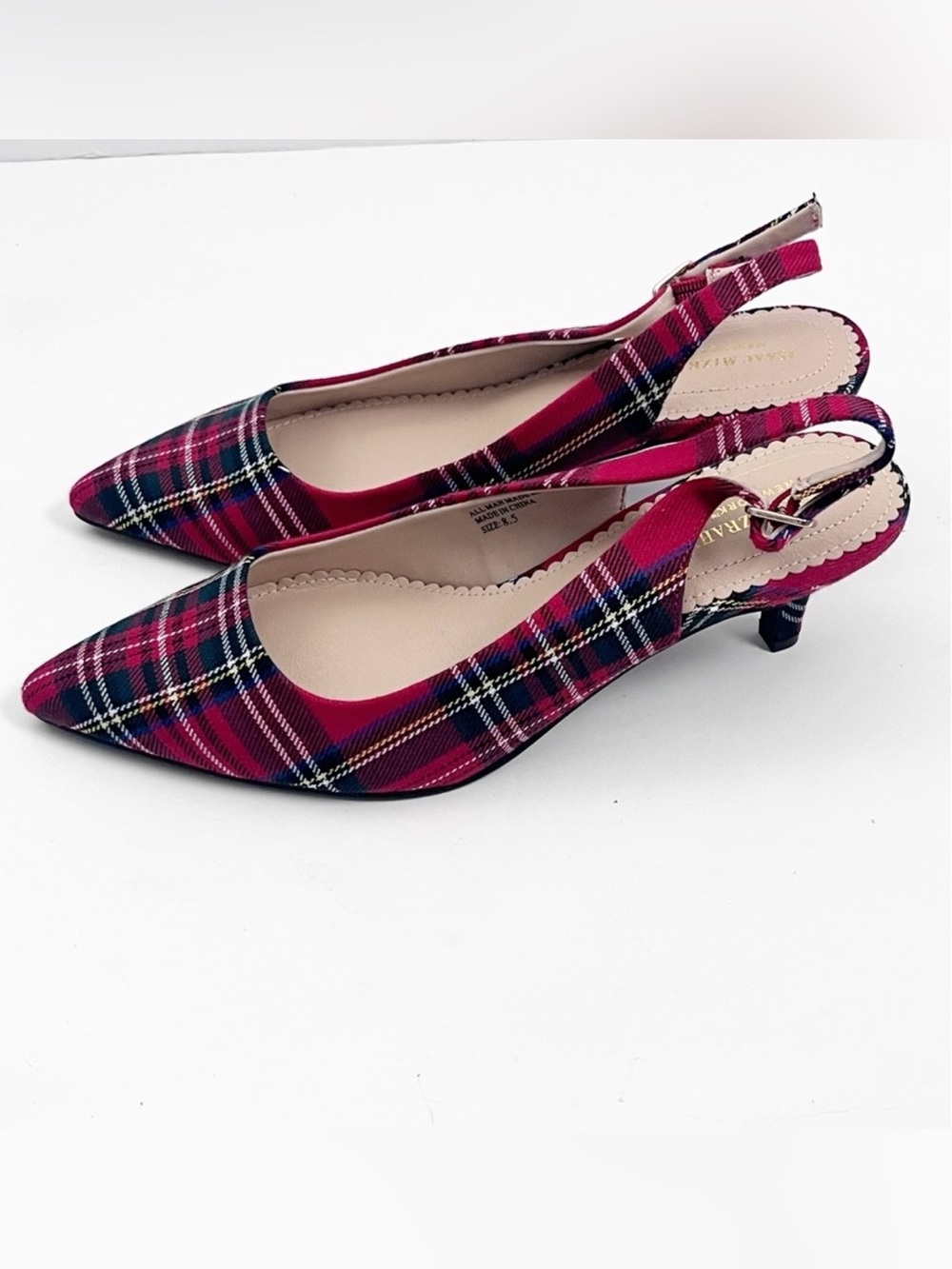 ISAAC MIZRAHI Tartan Plaid Pointy Toe Kitten Heel Slingbacks Size 8.5 Christmas